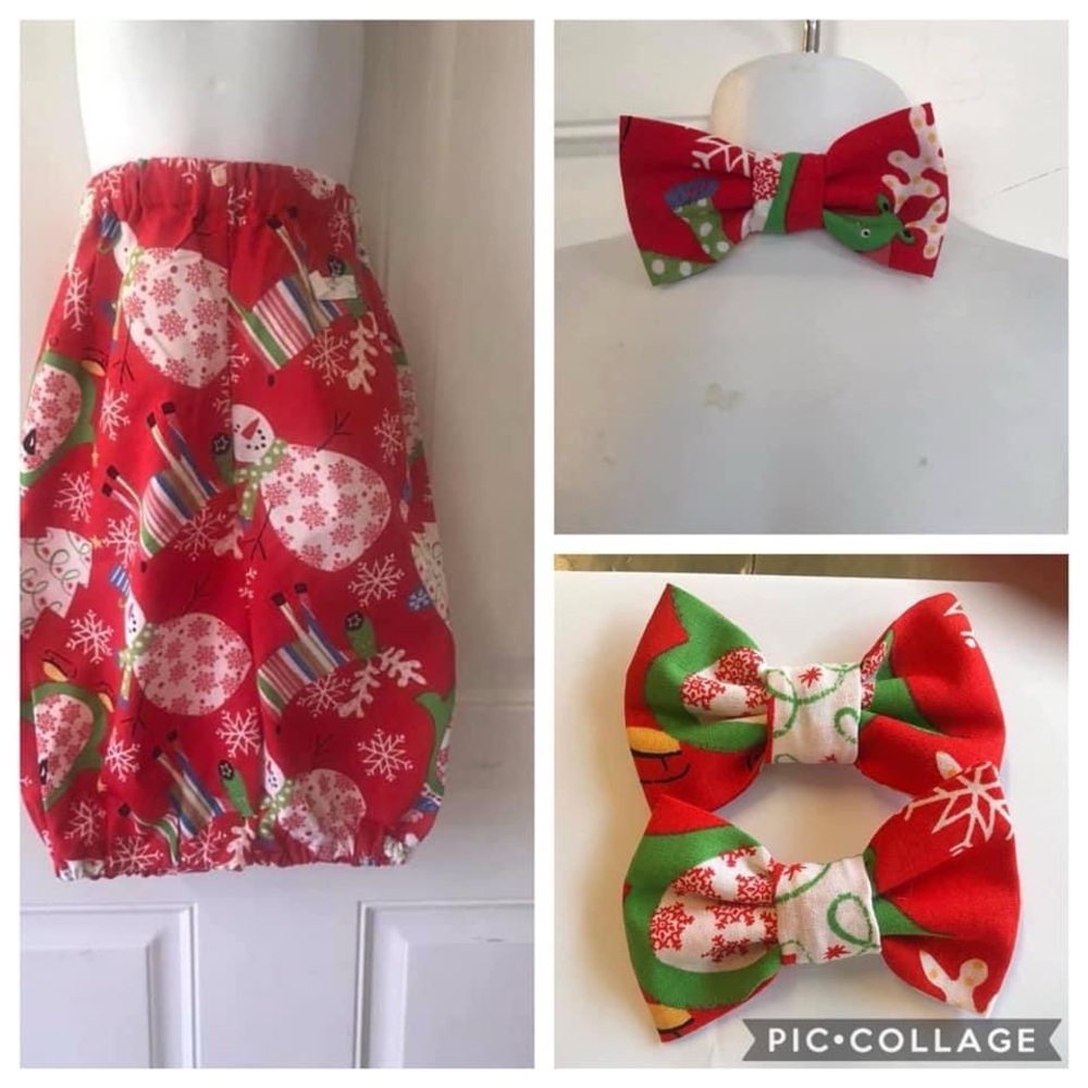 NWOT Unisex 12/18m Custom Sewn snowman/penguin/moose Christmas pants/bows/tie
